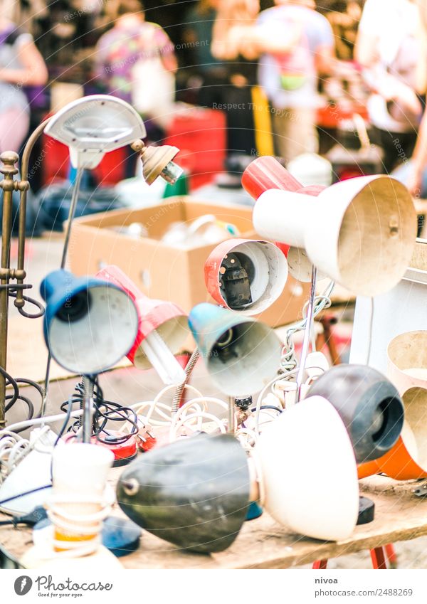 Vintage lamps on the flea market Mauerpark Berlin Shopping Style Design Joy Flea market Lamp Table lamp Human being Crowd of people Park Places Crate Light