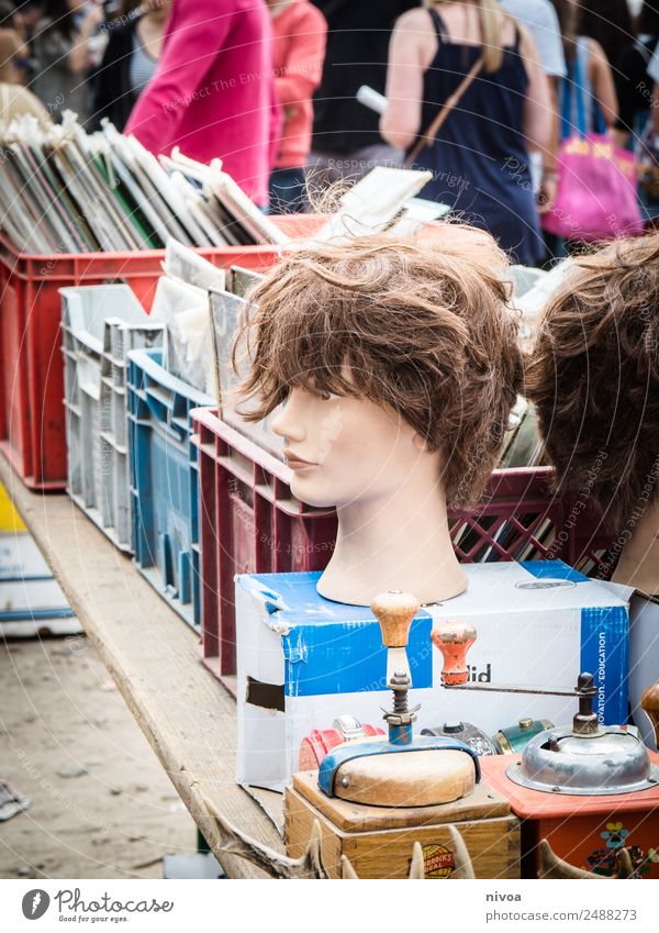 flea market constant with bust-head, coffee mill and records Coffee grinder Style Beautiful City trip Summer Flea market wall park Human being Crowd of people