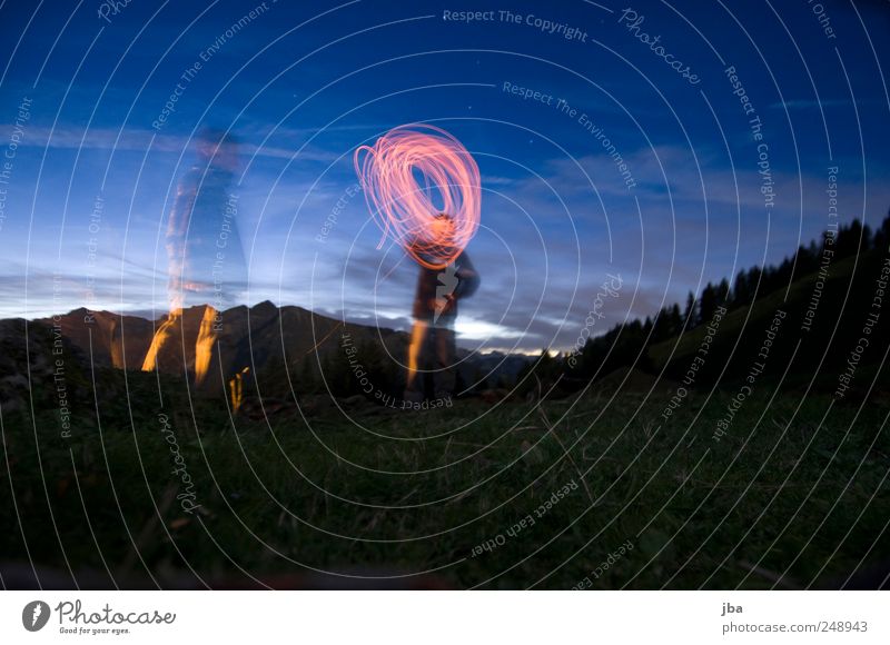 light circuit Well-being Relaxation Trip Camping Mountain Hiking Night life 2 Human being Nature Fire Water Night sky Stars Beautiful weather Forest Alps