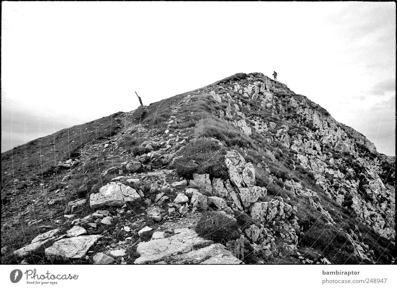 summiteers Trip Adventure Mountain Hiking Climbing Mountaineering Man Adults 1 Human being Nature Sky Rock Peak Mountain ridge Black & white photo Exterior shot