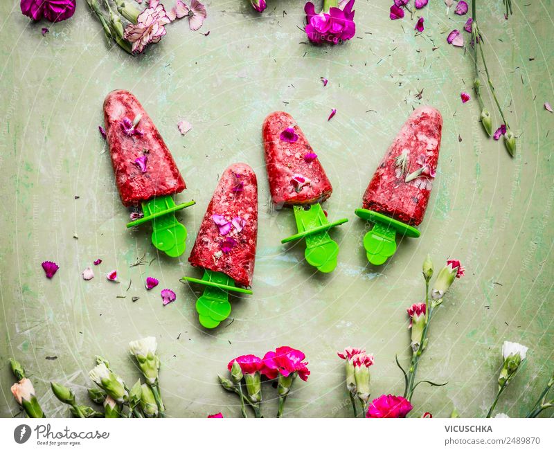 Red fruit ice cream on a stick Food Fruit Ice cream Nutrition Juice Style Design Healthy Eating Summer Living or residing Hip & trendy Pink Self-made