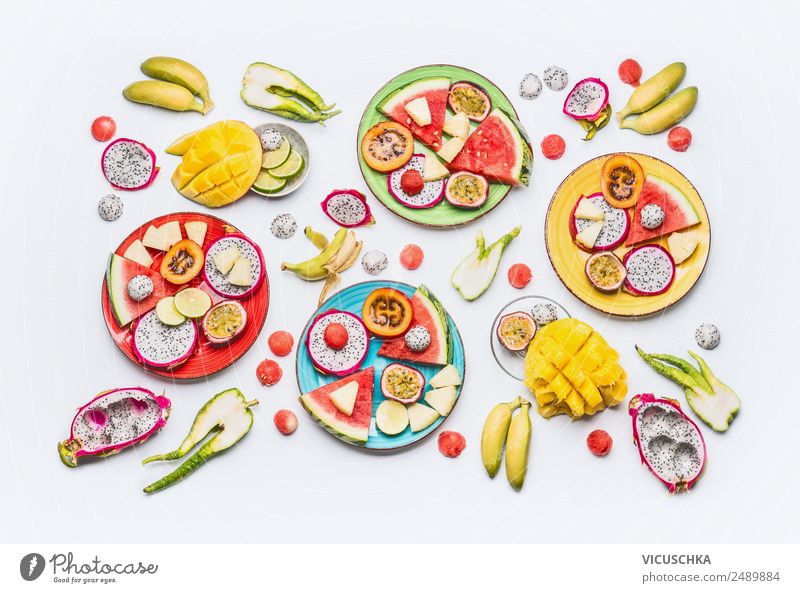 Various sliced tropical fruits and fruits Food Fruit Apple Orange Nutrition Breakfast Organic produce Vegetarian diet Diet Plate Shopping Style Design Healthy