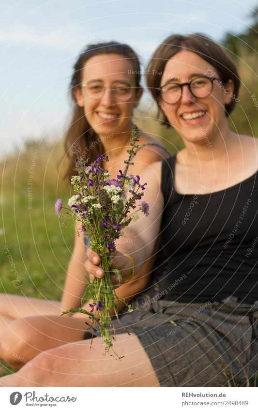 two women with bouquet of flowers on a meadow in summer Youth (Young adults) Brothers and sisters Sister Family & Relations Young woman Feminine Human being