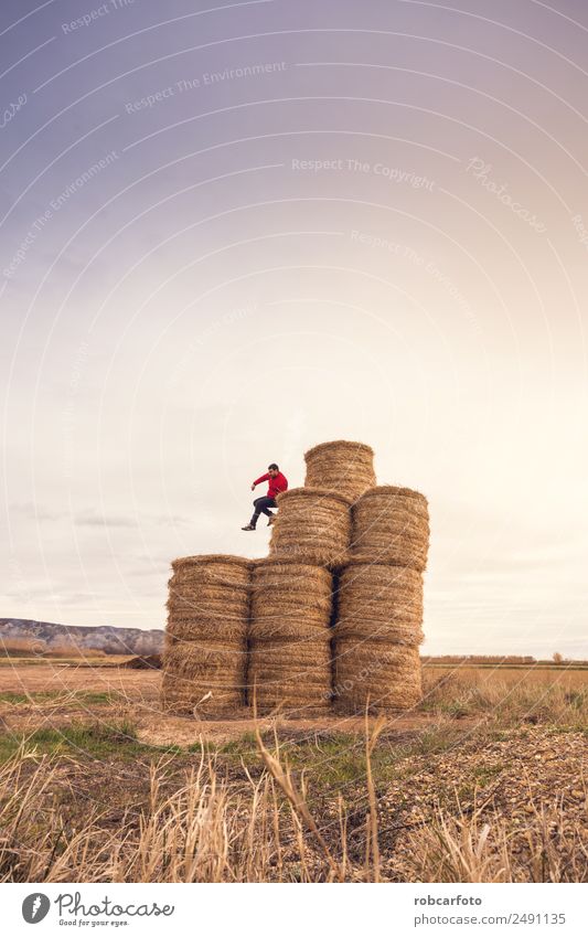 man over bales of straw Joy Happy Playing Summer Sun Human being Man Adults Nature Landscape Sky Grass Meadow Jump Natural Yellow Gold field Hay young Rural