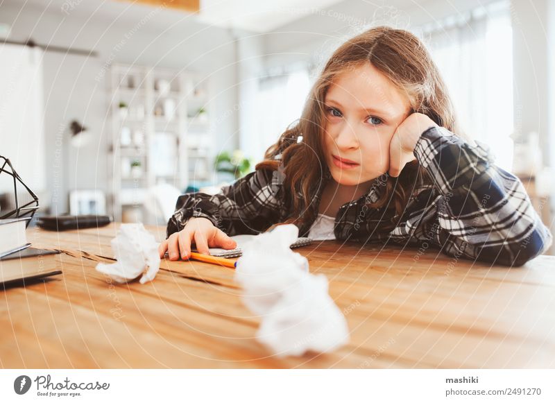 angry and tired child girl having problems with home work Lifestyle Reading Table Child School Study Schoolchild Infancy Book Write Sadness Smart Fatigue Stress
