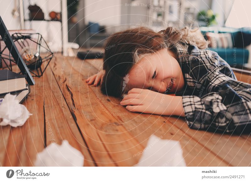 child girl sleeping while doing homework Lifestyle Reading Table Child School Study Schoolchild Infancy Sleep Write Sadness Smart Fatigue Stress Concentrate