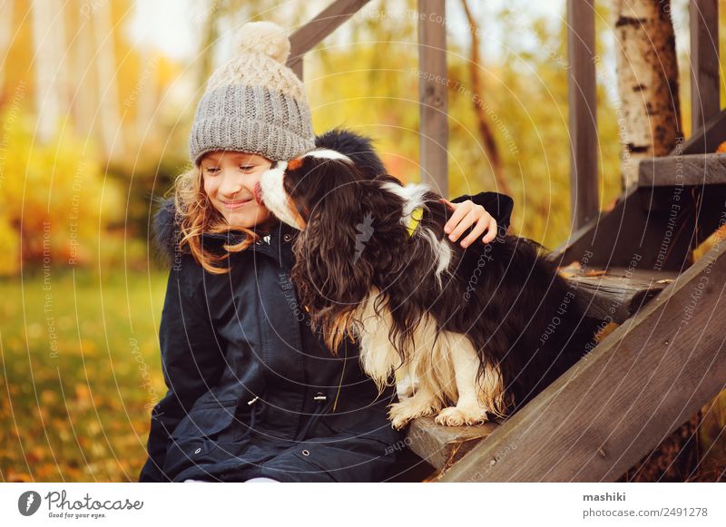autumn portrait of happy kid girl playing with her spaniel dog Lifestyle House (Residential Structure) Garden Child Friendship Nature Autumn Warmth Grass Leaf