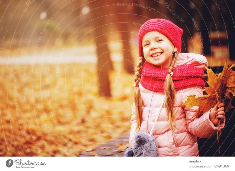 autumn portrait of smiling child girl with bouquet of leaves Style Joy Happy Leisure and hobbies Knit Child Toddler Infancy Nature Autumn Warmth Tree Leaf Park