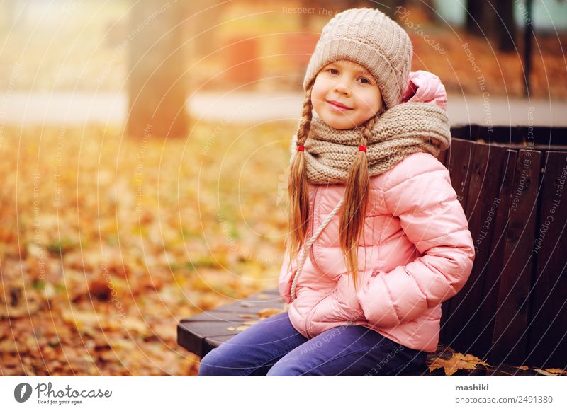autumn portrait of smiling child girl Style Joy Happy Leisure and hobbies Knit Child Toddler Infancy Nature Autumn Warmth Tree Leaf Park Forest Fashion Scarf