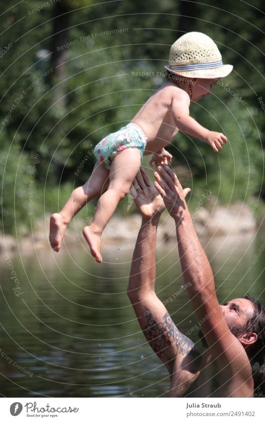 man child air throw summer sea Human being Masculine Toddler Man Adults Father Life 2 1 - 3 years 30 - 45 years Nature Water Sun Summer Beautiful weather Tree