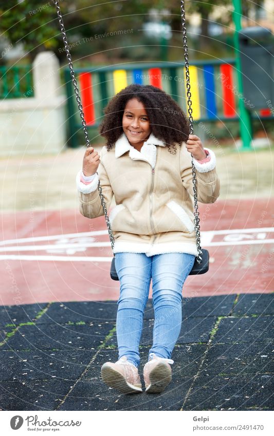 Pretty girl with long afro hair Happy Beautiful Hair and hairstyles Skin Face Child School Woman Adults Warmth Park Jeans Coat Afro To enjoy Cute ten african