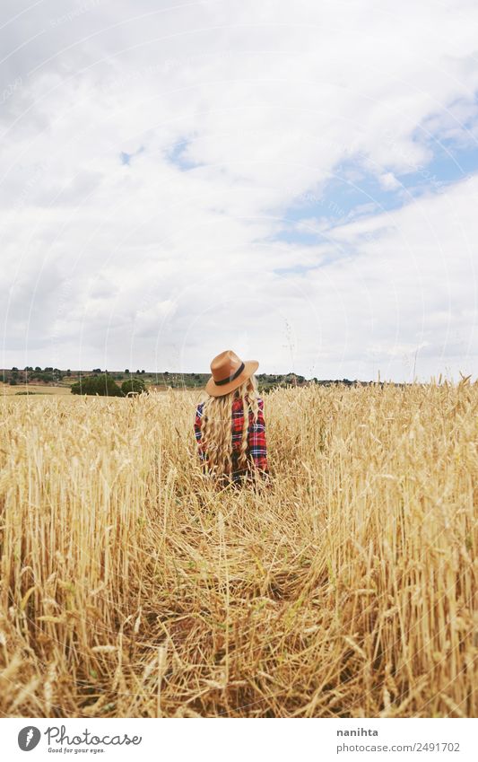 Woman alone in a field of wheat Lifestyle Style Design Wellness Relaxation Vacation & Travel Adventure Far-off places Freedom Summer Human being Feminine