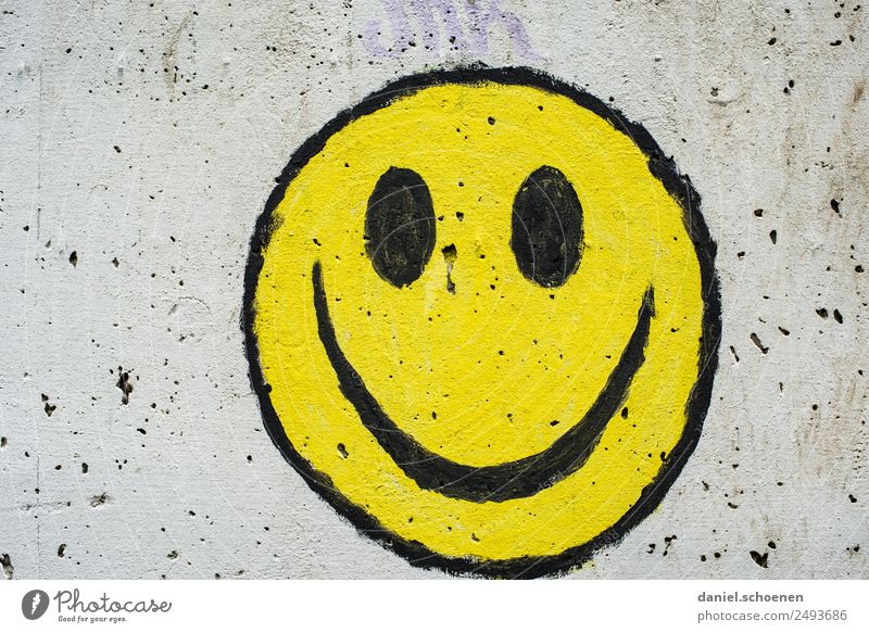 :-) Art Sign Graffiti Smiley Friendliness Happiness Yellow Gray Emotions Joy Happy Colour photo Copy Space left