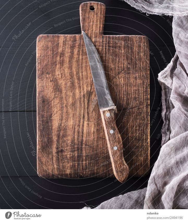 old rectangular cutting board Knives Kitchen Wood Old Dark Natural Retro Brown Black knife background cooking vintage chopping Consistency Surface utensil