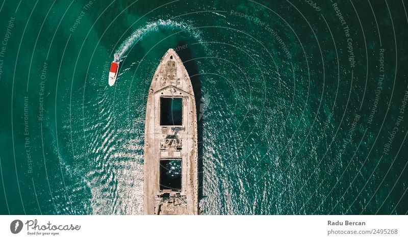 Aerial Drone View Of Old Shipwreck Ghost Ship Vessel Environment Nature Water Summer Waves Ocean Transport Navigation Cruise Boating trip Steamer Oil tanker