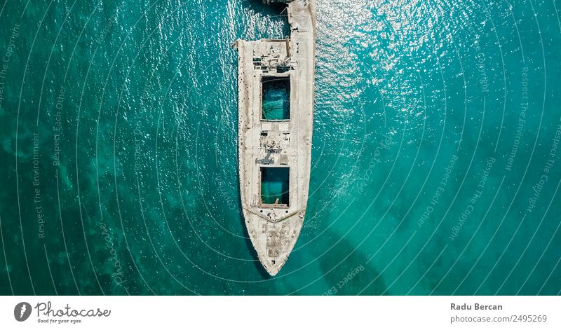 Aerial Drone View Of Old Shipwreck Ghost Ship Vessel Environment Landscape Ocean Transport Means of transport Navigation Cruise Passenger ship Cruise liner