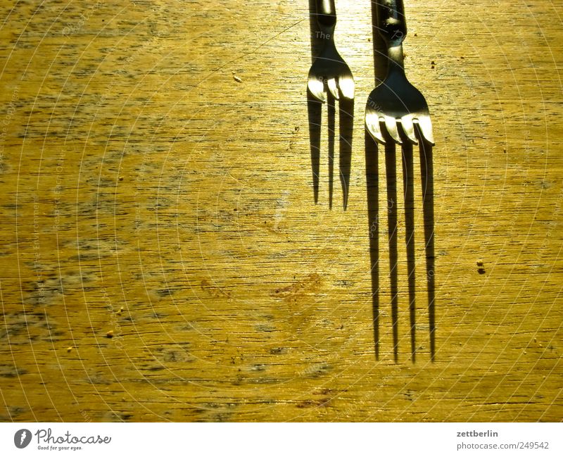 Two forks Nutrition Fork Living or residing Flat (apartment) Garden Table Kitchen Growth Garden plot Wood Wooden board Colour photo Subdued colour Close-up