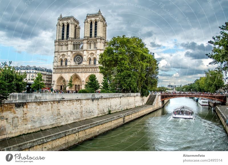 Notre Dame Cathedral and Sena river Style Vacation & Travel Tourism Landscape Sky Clouds Weather River Church Bridge Architecture Facade Monument Stone Old