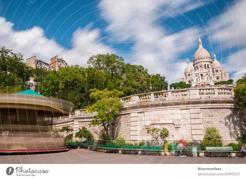 Sacre Coeur Basilica and carousel Style Beautiful Vacation & Travel Tourism Summer Sun Entertainment Culture Sky Tree Park Church Building Architecture Facade