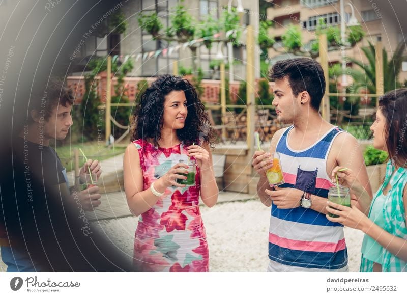 Young people talking and drinking in summer party Vegetable Fruit Beverage Lifestyle Joy Happy Leisure and hobbies Vacation & Travel Summer Garden