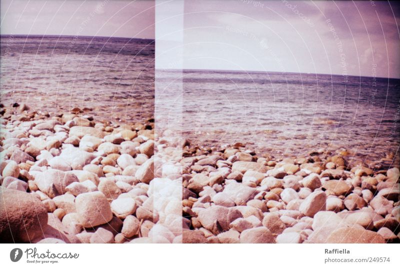 double holds better Calm Vacation & Travel Trip Far-off places Summer Beach Ocean Waves Water Sky Clouds Life Double exposure Stone Pebble beach Violet