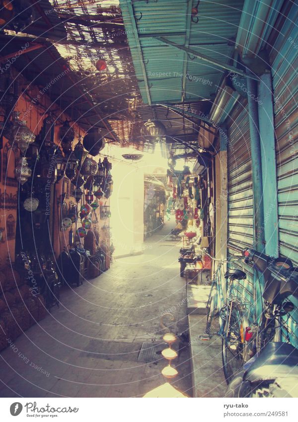 bazaar Town Deserted Marketplace Far-off places Retro Multicoloured Stagnating Moody Markets Bazaar Passage Lamp Bright Gate Store premises Marrakesh Morocco