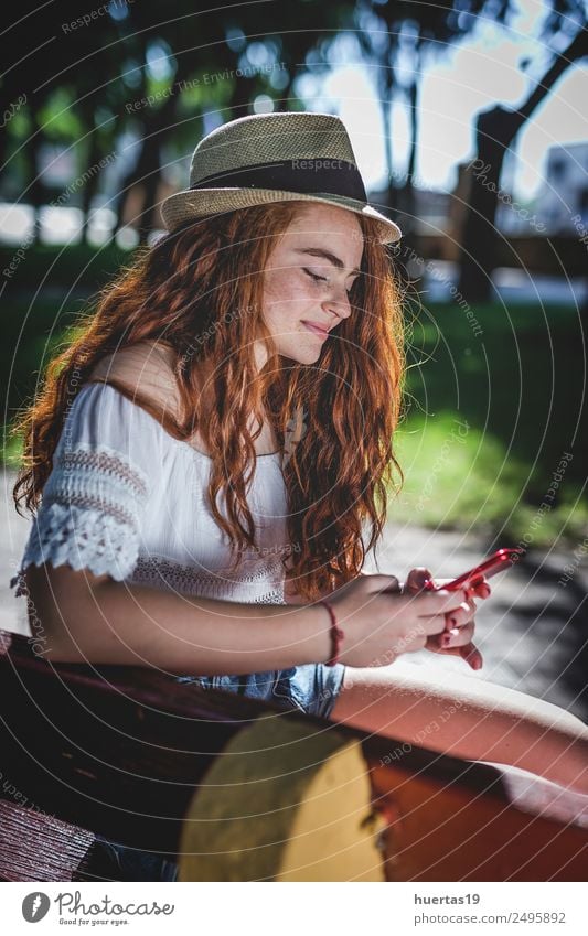 portrait of young beautiful redhead Lifestyle Elegant Style Happy Beautiful Cellphone Human being Feminine Young woman Youth (Young adults) Woman Adults 1