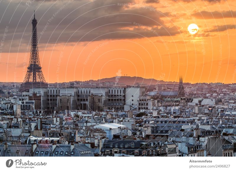 View of Paris with Eiffel tower silhouette at sunset Vacation & Travel Tourism Culture Landscape Sky Horizon Skyline Architecture Aircraft Historic Colour