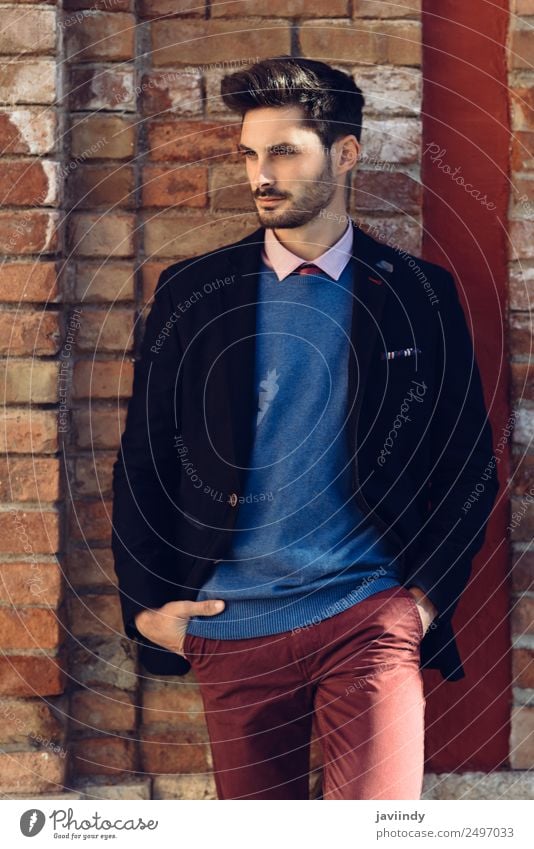 Attractive man in the street wearing british elegant suit Lifestyle Elegant Style Beautiful Hair and hairstyles Business Human being Masculine Young man