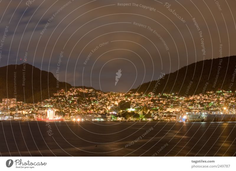 MOUNTAINS Wide angle Bergen Town Night Twilight Atlantic Ocean Port City Europe Norway Long exposure Reflection Surface of water Water reflection Night sky
