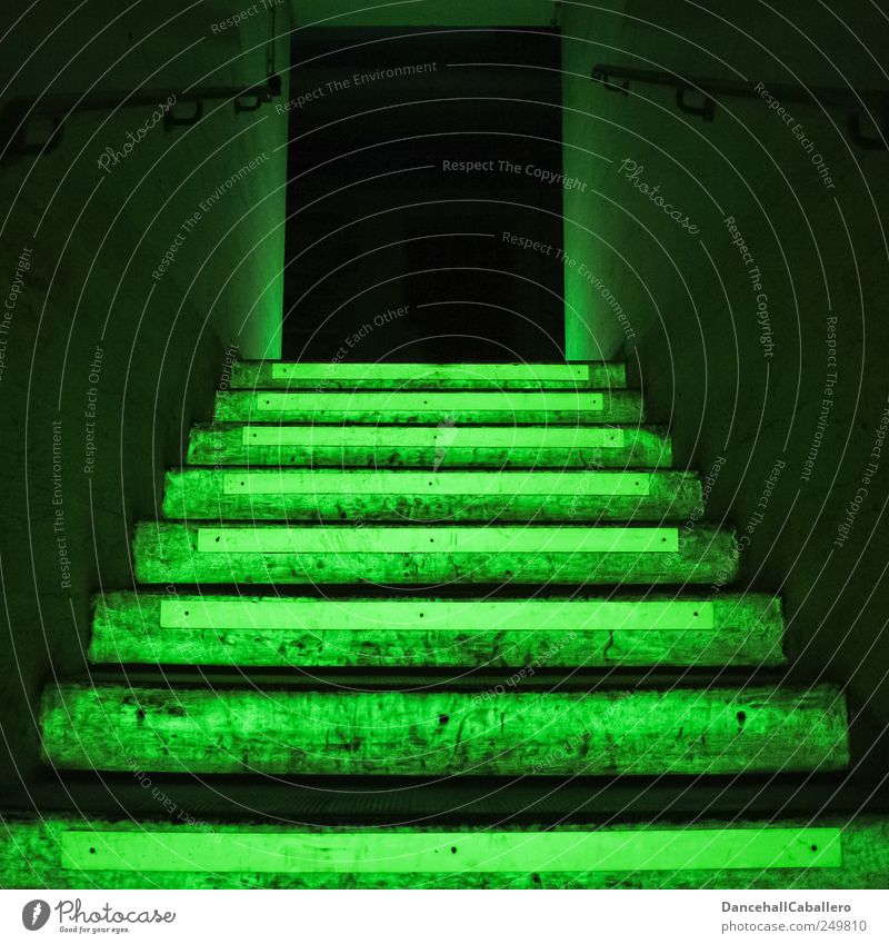 illuminated staircase in green Stairs Cellar Building Staircase (Hallway) Escape route Way out Architecture Dark Concrete Exit route Creepy Green Black Fear