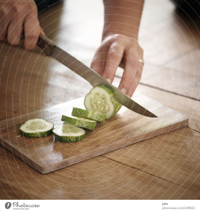 preparation Food Vegetable Cucumber Slices of cucumber Organic produce Vegetarian diet Human being Hand Fingers Work and employment Knives Chopping board Cut