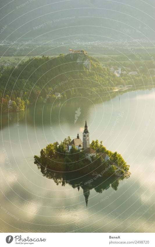 Lake Bled with island and Marienkirche before the Julian Alps Vacation & Travel Tourism Sightseeing Summer Summer vacation Island Environment Nature Landscape