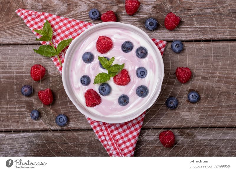Fresh hay-milk yoghurt with fruit Food Yoghurt Dairy Products Fruit Picnic Organic produce Bowl Healthy Summer Garden Glass To enjoy Raspberry wild berries