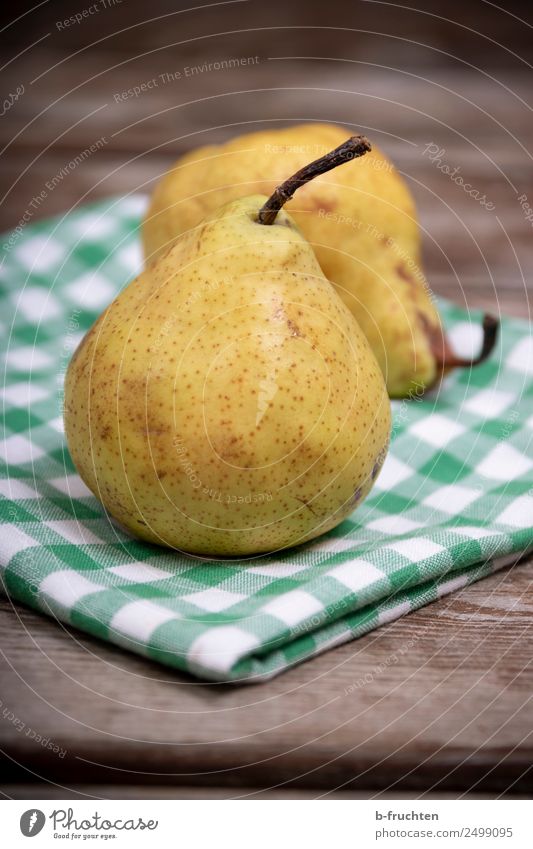 Two pears Fruit Nutrition Breakfast Picnic Organic produce Vegetarian diet Fresh Healthy Pear Table Napkin Checkered Harvest Wooden board 2 In pairs