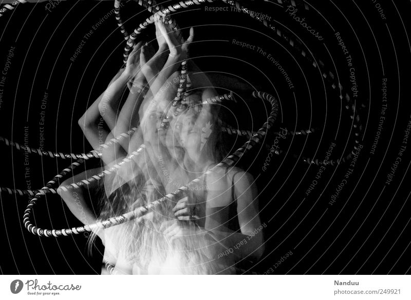chaos theory Feminine Exceptional Swing Dynamics Hula hoop Dance Kinetic energy Black & white photo Studio shot Experimental Upper body