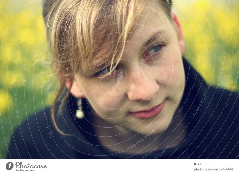 Gossamer. Human being Feminine Young woman Youth (Young adults) 1 18 - 30 years Adults Nature Canola Field Earring Blonde Bangs Braids Smiling Dream Beautiful