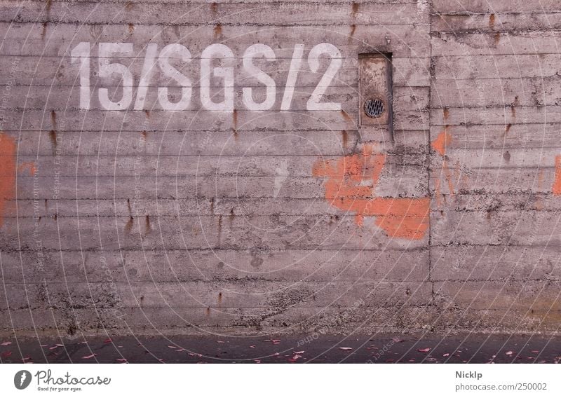 concrete wall of an air-raid shelter in Siegen with the inscription "15/SGS/2 Dugout Industrial plant Wall (building) Concrete wall Metal Typography typo Design