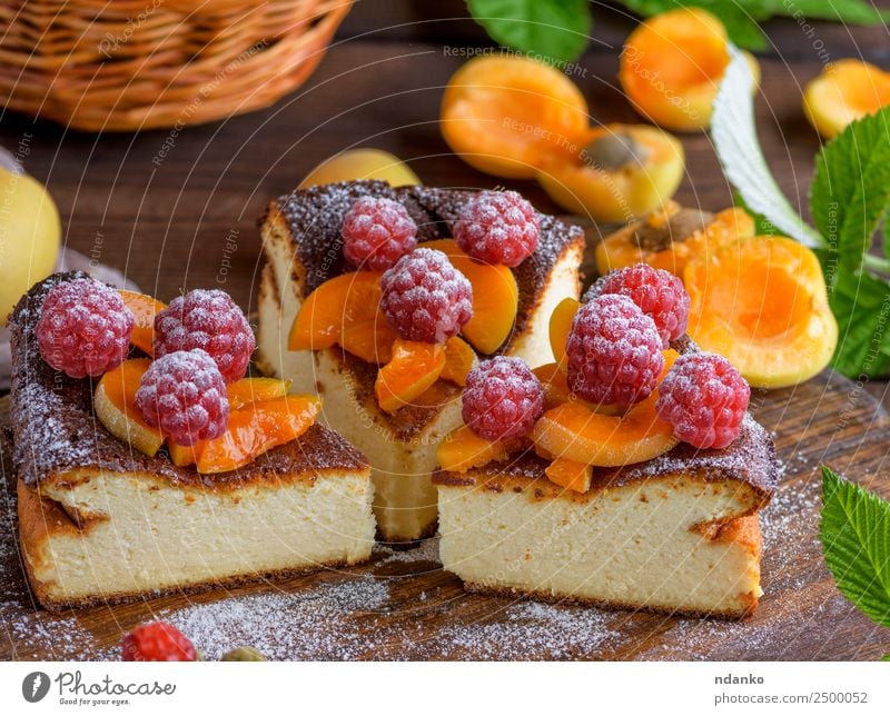 pieces of cottage cheese pie Cheese Fruit Cake Dessert Nutrition Table Fresh Bright Delicious Brown Red White Colour Raspberry Apricot cheesecake Berries food