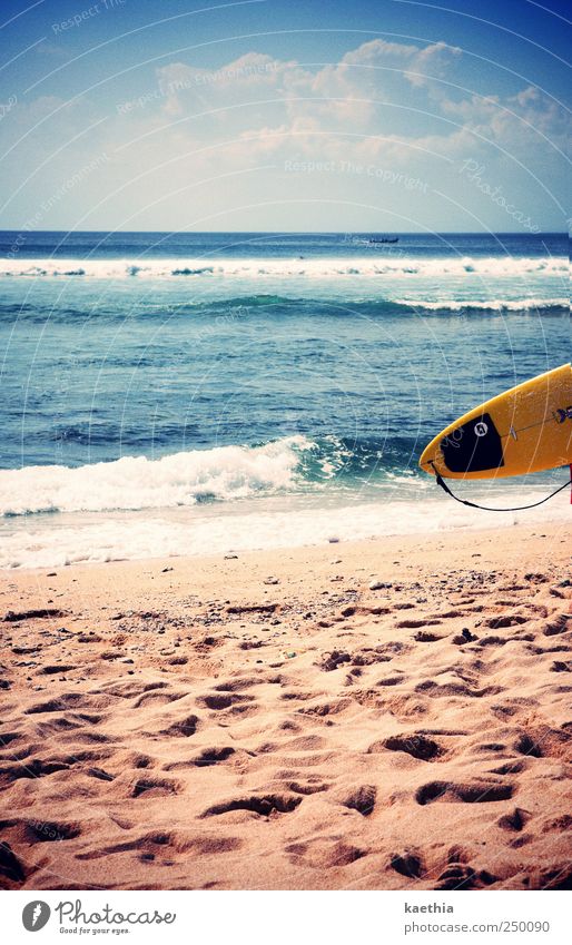 on the edge Lifestyle Surfing Sports Aquatics Extreme sports Swimming & Bathing Sky Waves Coast Beach Ocean Island Blue Yellow Sand Surfboard Clouds