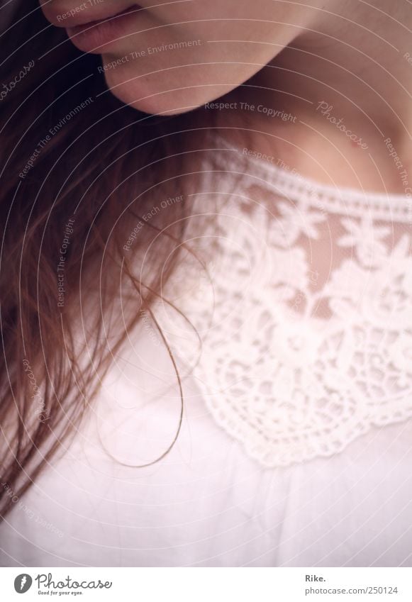 delicacy. Human being Feminine Young woman Youth (Young adults) Lips Chin 1 18 - 30 years Adults Blouse Lace Brunette Long-haired Smiling Dream Esthetic