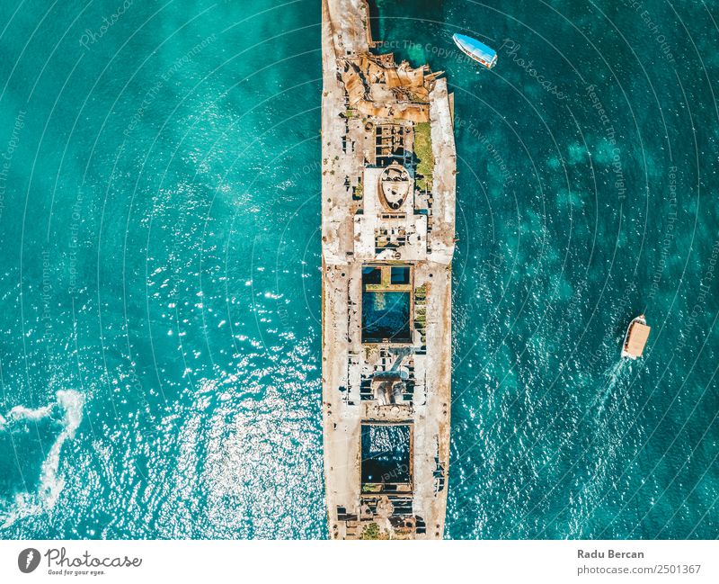 Aerial Drone View Of Old Shipwreck Ghost Ship Vessel Watercraft shipwrecked Beach Wreck Ocean abandoned Vacation & Travel Landscape Tourism Go under sunken