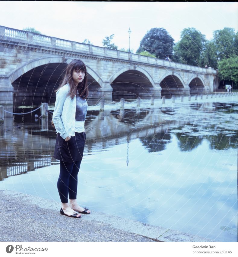 Hyde Park. Human being Feminine Young woman Youth (Young adults) 1 Environment Nature Lake Bridge Authentic Free Cold Beautiful Moody Colour photo Exterior shot