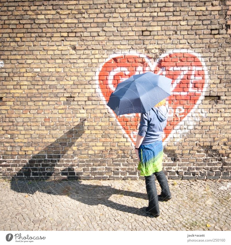 Umbrella in sunshine Happy Woman Kreuzberg Brick wall Skirt Pants Sweater Graffiti Joie de vivre (Vitality) Love Street art Shadow play Silhouette Sunlight