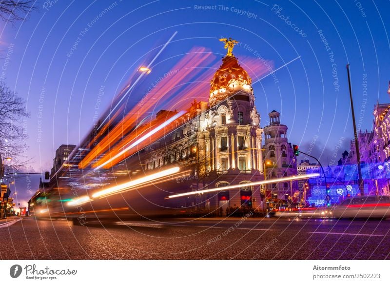 Madrid City Skyline Gran Via Street Twilight Spain Stock Photo