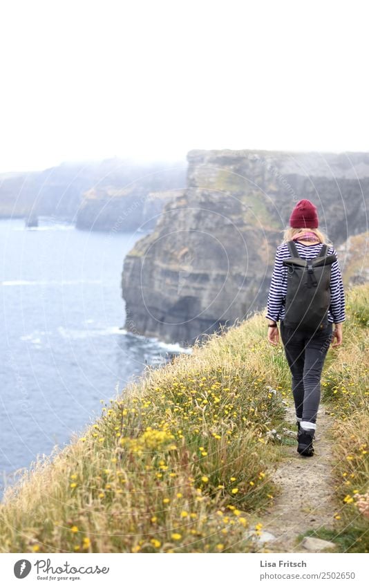 Running woman with backpack - Cliffs of Moher, Ireland. Vacation & Travel Tourism Trip Sightseeing Woman Adults 1 Human being 18 - 30 years Youth (Young adults)