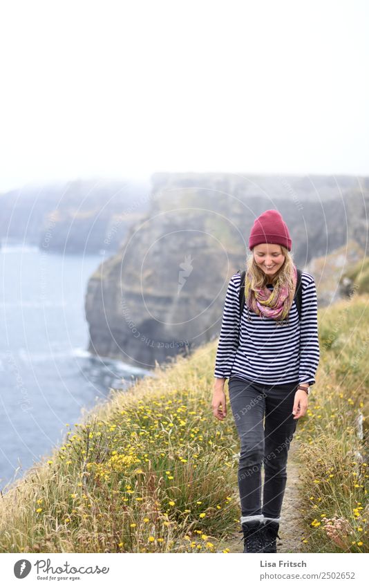 Cliffs of Moher, hiking, laughing young woman Vacation & Travel Tourism Woman Adults 1 Human being 18 - 30 years Youth (Young adults) Nature Landscape Grass