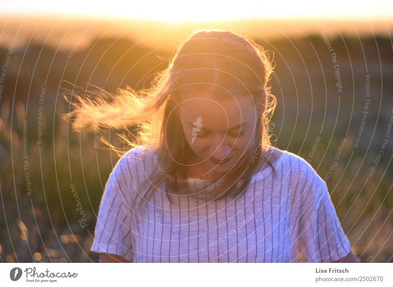 Sunset, smiling young woman Beautiful Vacation & Travel Young woman Youth (Young adults) 1 Human being 18 - 30 years Adults Nature Landscape Beautiful weather