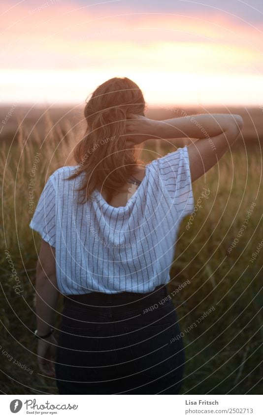 Hand on the back of the head, woman, sunset Vacation & Travel Tourism Woman Adults 1 Human being 18 - 30 years Youth (Young adults) Environment Nature Sunrise