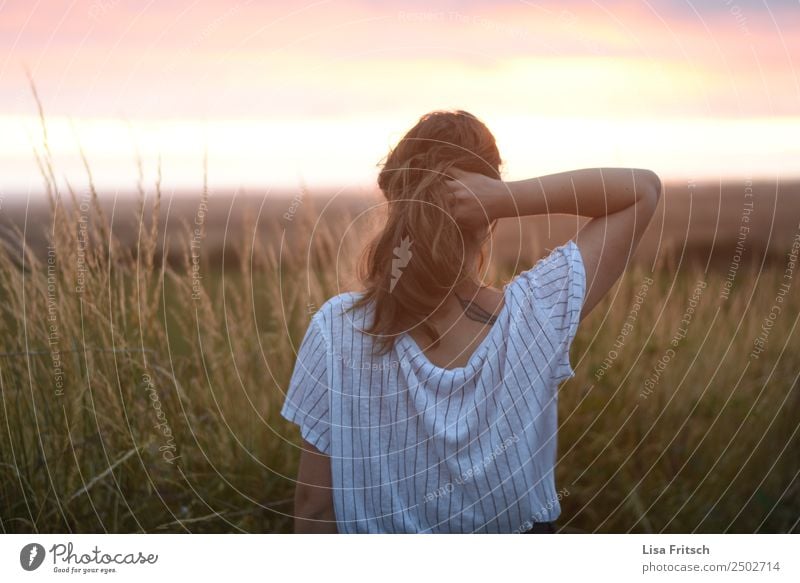 SUNSET - HAND IN HAIR pretty Vacation & Travel Woman Adults 1 Human being 18 - 30 years Youth (Young adults) Nature Sunrise Sunset Beautiful weather Bushes